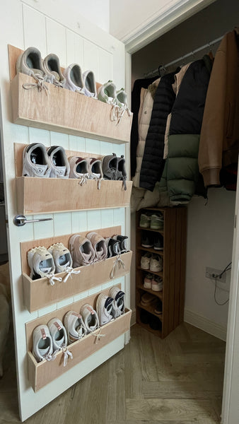 Shoe rack, hardwood wall or door mounted shoe rack lightweight