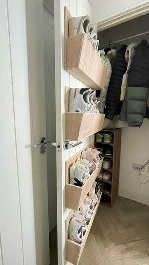 Shoe rack, hardwood wall or door mounted shoe rack - lightweight - free delivery - fully enclosed back