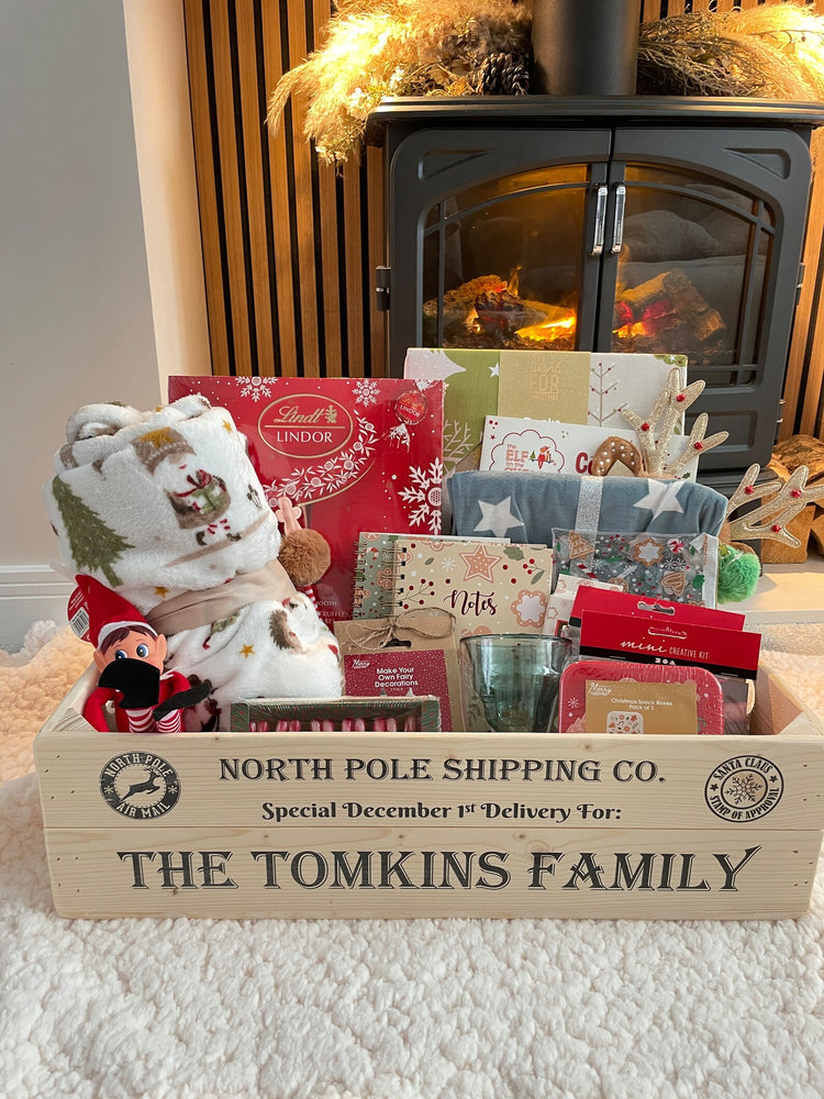 Personalised December 1st Box Large Family Christmas Crate, December Gift Box, Wooden Christmas Gift Hamper - Unstained
