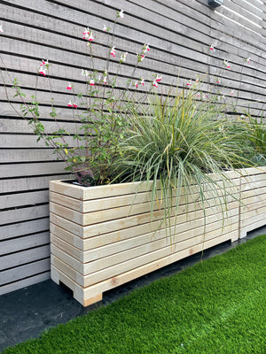 Wooden slatted garden planter, rectangular outdoor long wooden modern garden planter. 95cm long