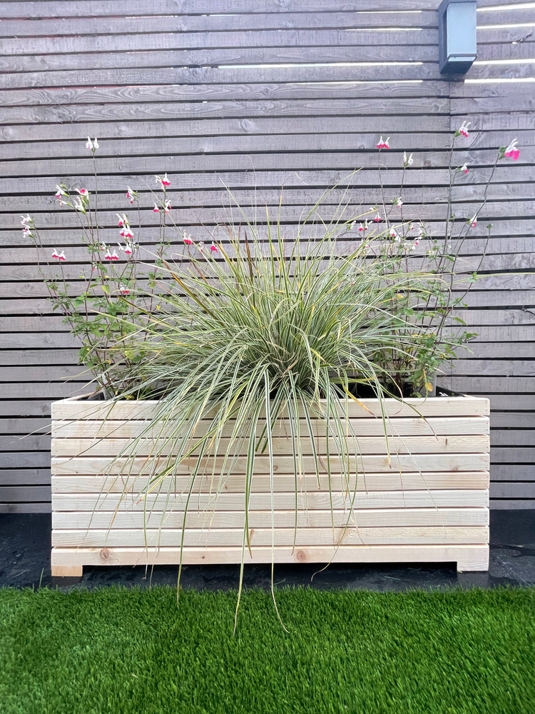 Wooden slatted garden planter, rectangular outdoor long wooden modern garden planter. 95cm long
