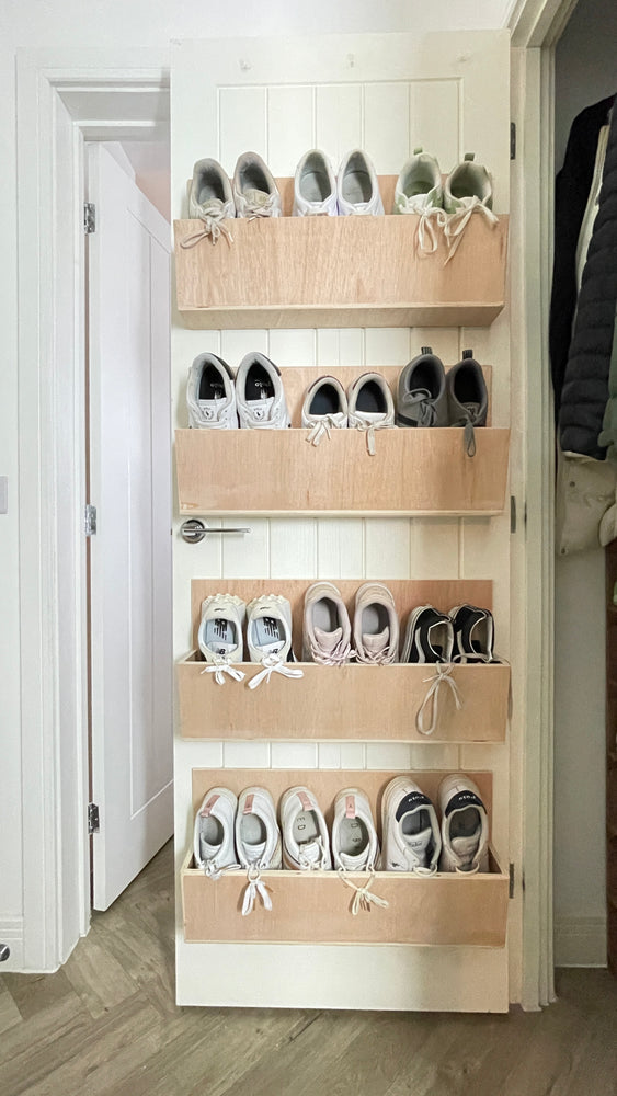 
            
                Load image into Gallery viewer, Shoe rack, hardwood wall or door mounted shoe rack - lightweight - free delivery - fully enclosed back
            
        