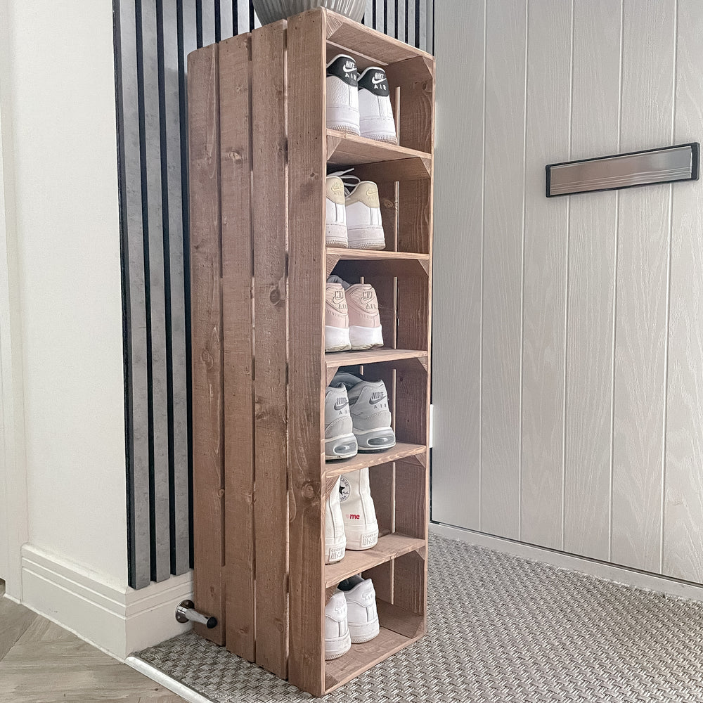 Tall wooden SHOE RACK - rustic apple crate shoe rack, narrow and tall