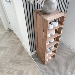 Tall wooden SHOE RACK - rustic apple crate shoe rack, narrow and tall shoe storage - extra depth