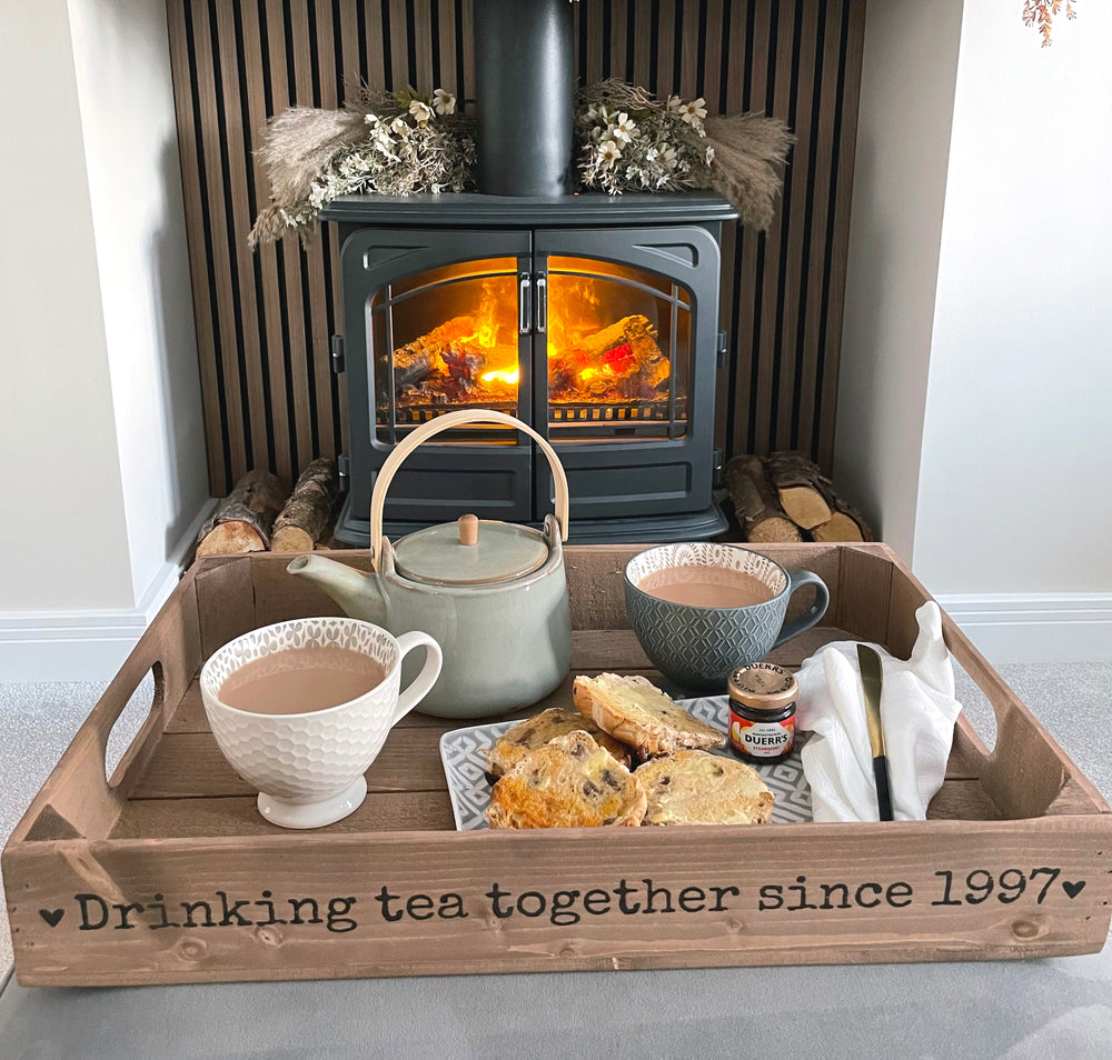 Anniversary Gift Tray. Breakfast in bed, Tea tray. Large rustic, wooden vintage style tray